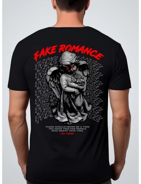 Tricou negru barbati cu imprimeu FAKE ROMANCE