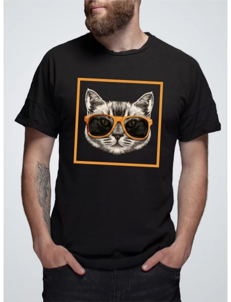Tricou negru barbati cu imprimeu COOL CAT