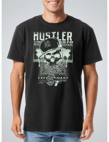 Tricou negru barbati cu imprimeu HUSTLER