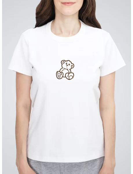 Tricou alb dama cu broderie Emoji Bear